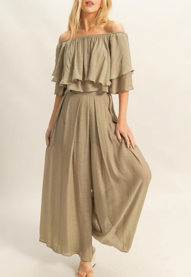 Off-the-Shoulder Blouse and Pants Set-Blouse