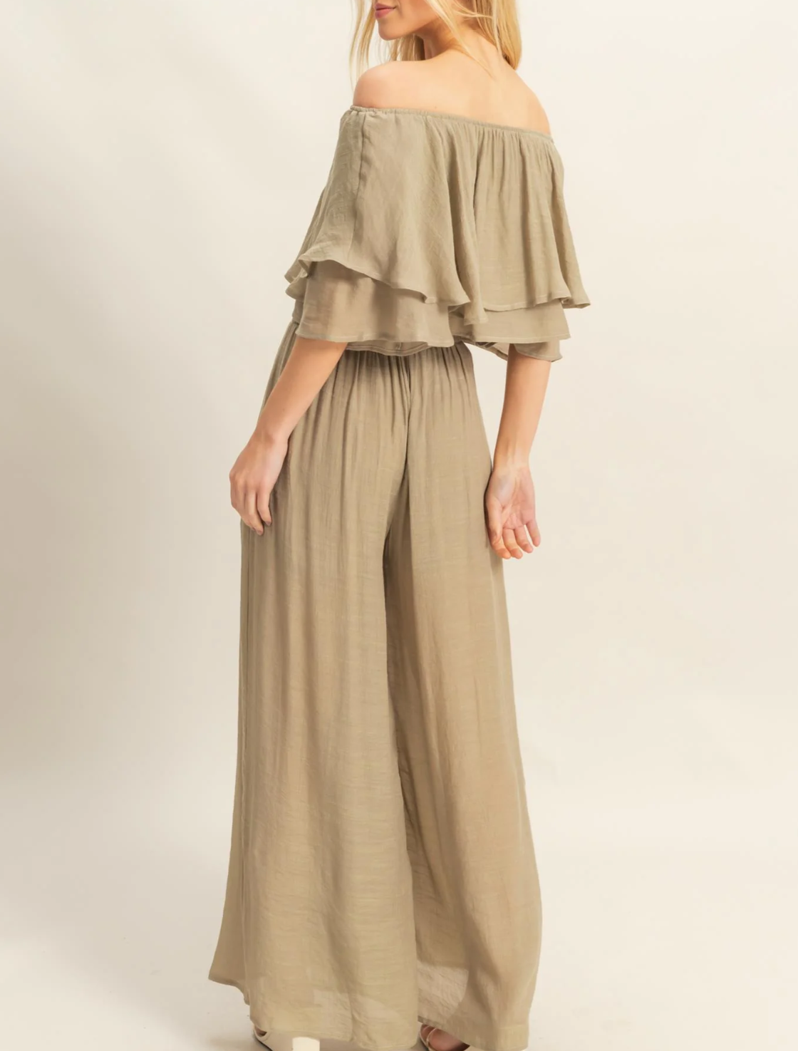 Off-the-Shoulder Blouse and Pants Set-Blouse