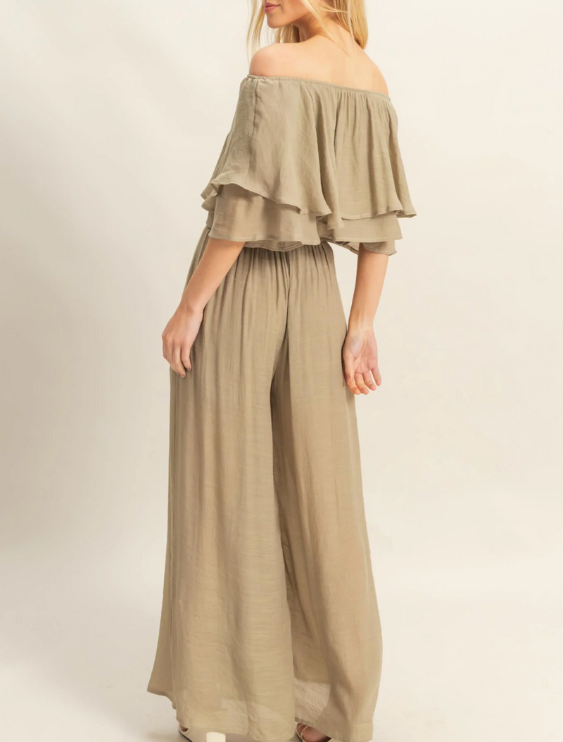 Off-the-Shoulder Blouse and Pants Set-Blouse