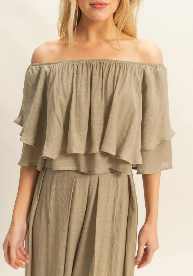 Off-the-Shoulder Blouse and Pants Set-Blouse