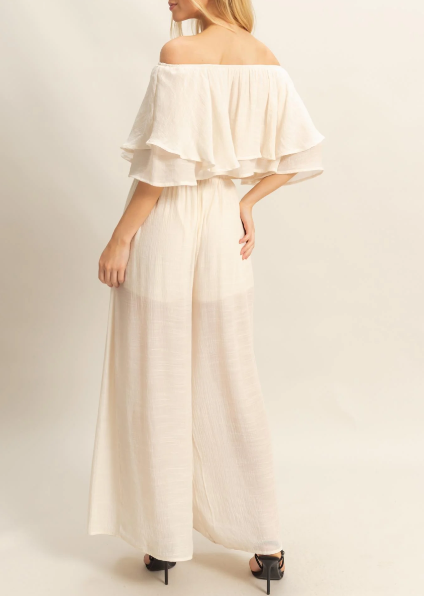 Off-the-Shoulder Blouse and Pants Set-Blouse