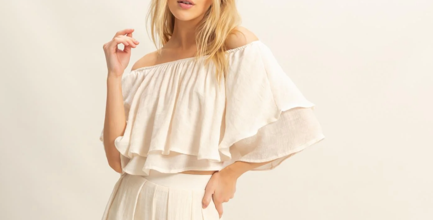 Off-the-Shoulder Blouse and Pants Set-Blouse