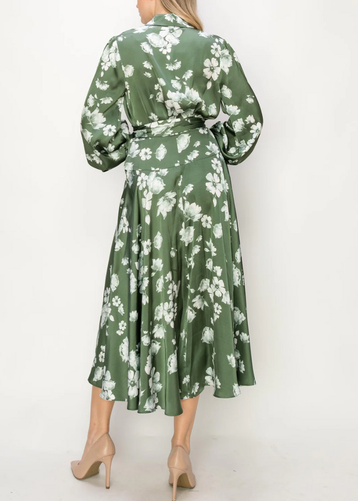 Satin Floral Long-Sleeve V-Neck Wrap Maxi Dress