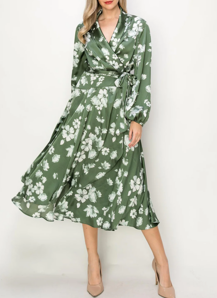 Satin Floral Long-Sleeve V-Neck Wrap Maxi Dress