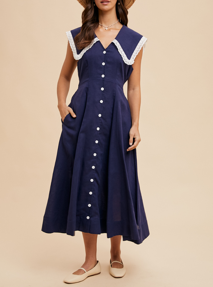 Sleeveless Button-Down Midi Dress with Sailor Collar