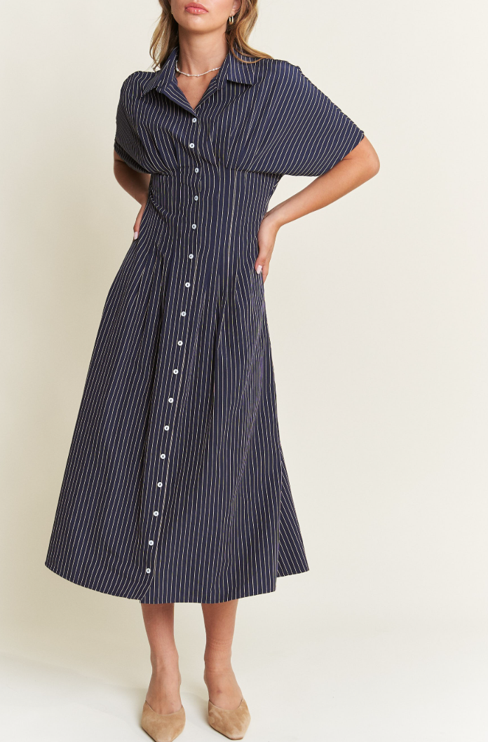 Button-Front Striped Midi Dress