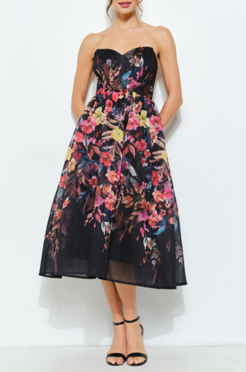 Sweetheart Strapless Floral Midi Dress