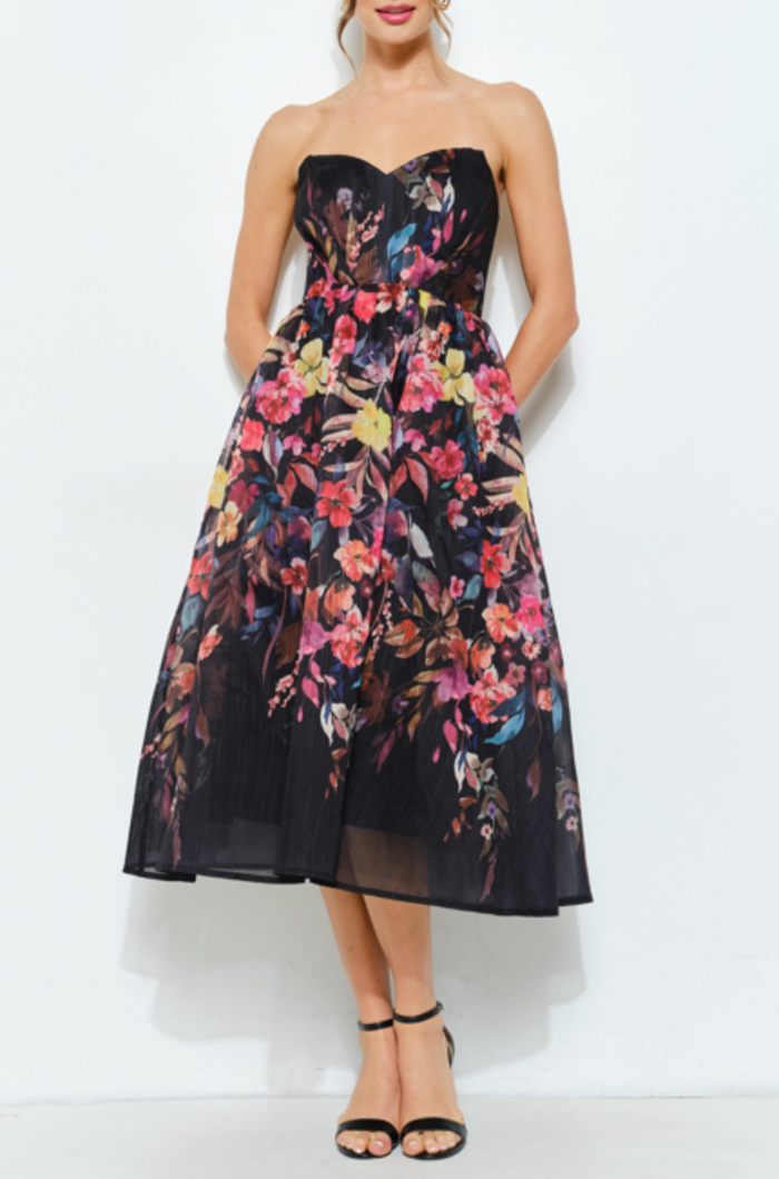 Sweetheart Strapless Floral Midi Dress