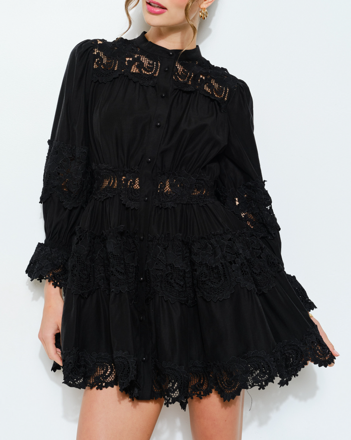Delicate Lace-Panel Button-Up Flare Mini Dress