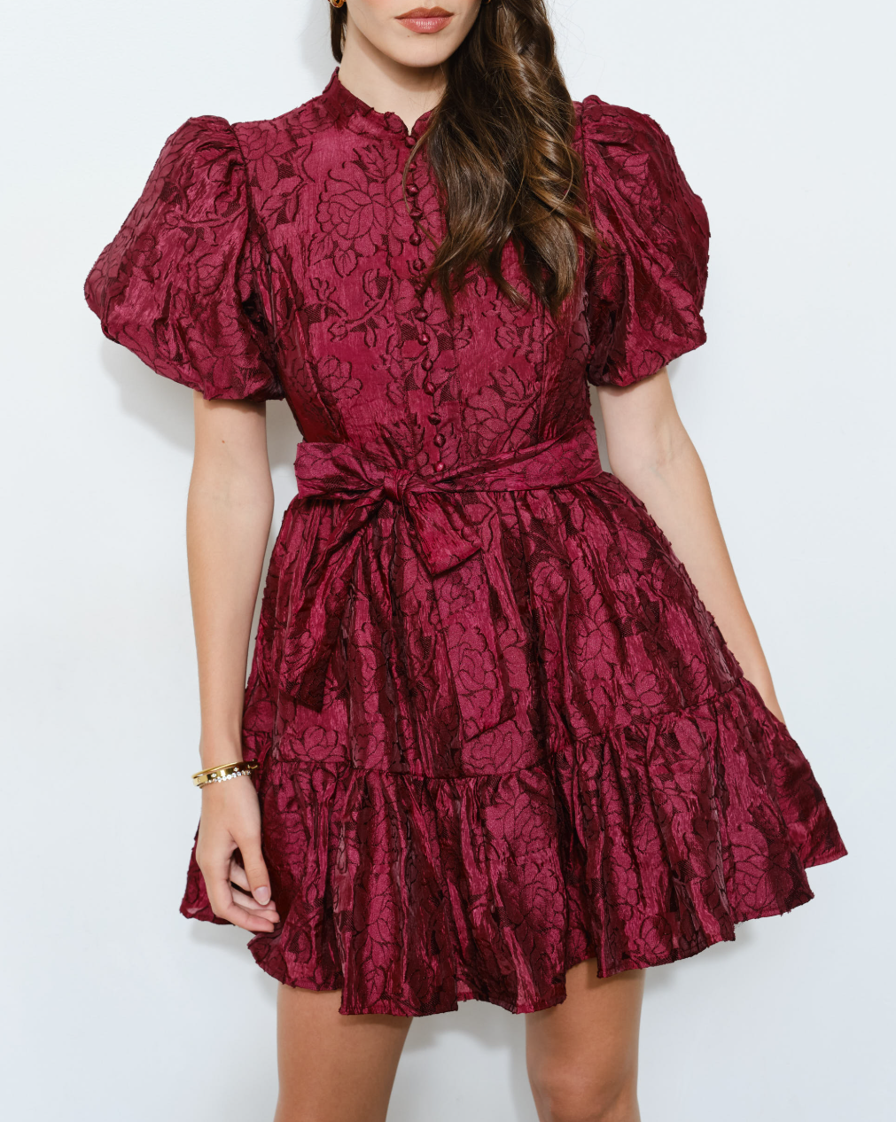 Floral Textured Puff Sleeve Mini Dress