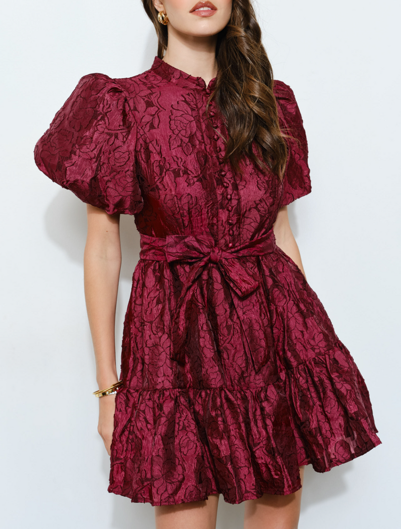 Floral Textured Puff Sleeve Mini Dress