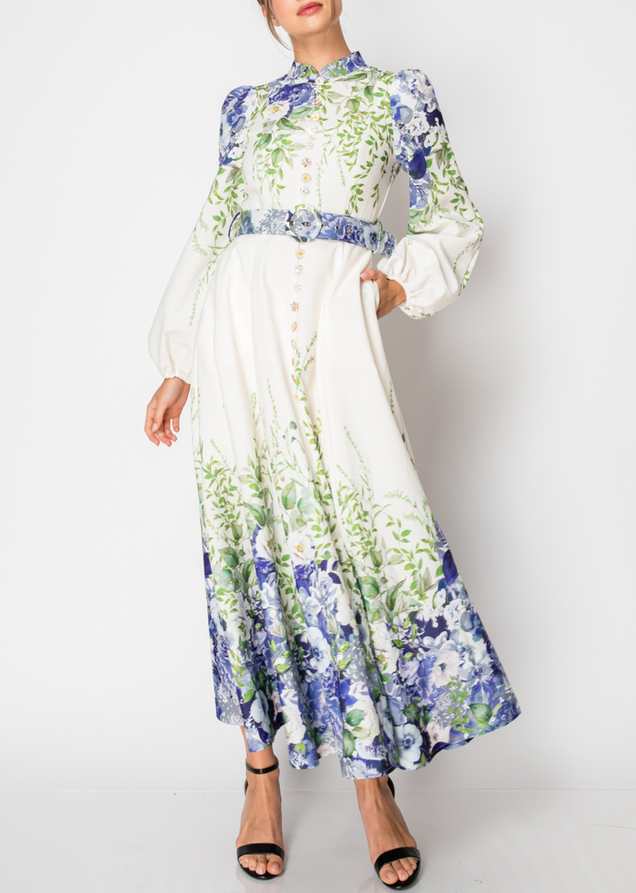 Long Puff Sleeve Floral Print Maxi Dress