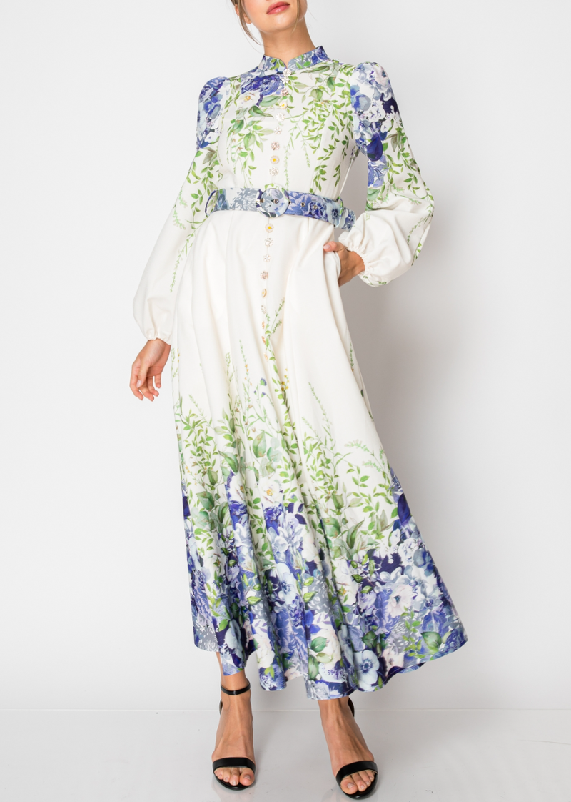 Long Puff Sleeve Floral Print Maxi Dress
