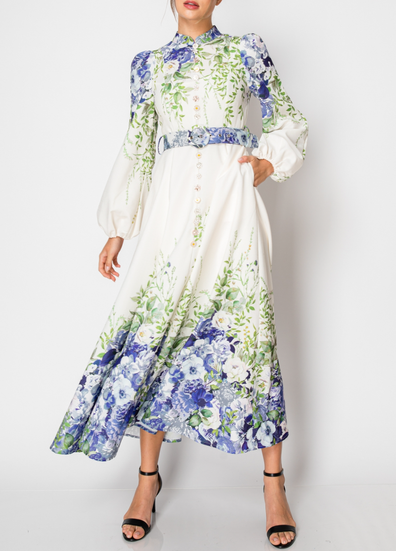 Long Puff Sleeve Floral Print Maxi Dress