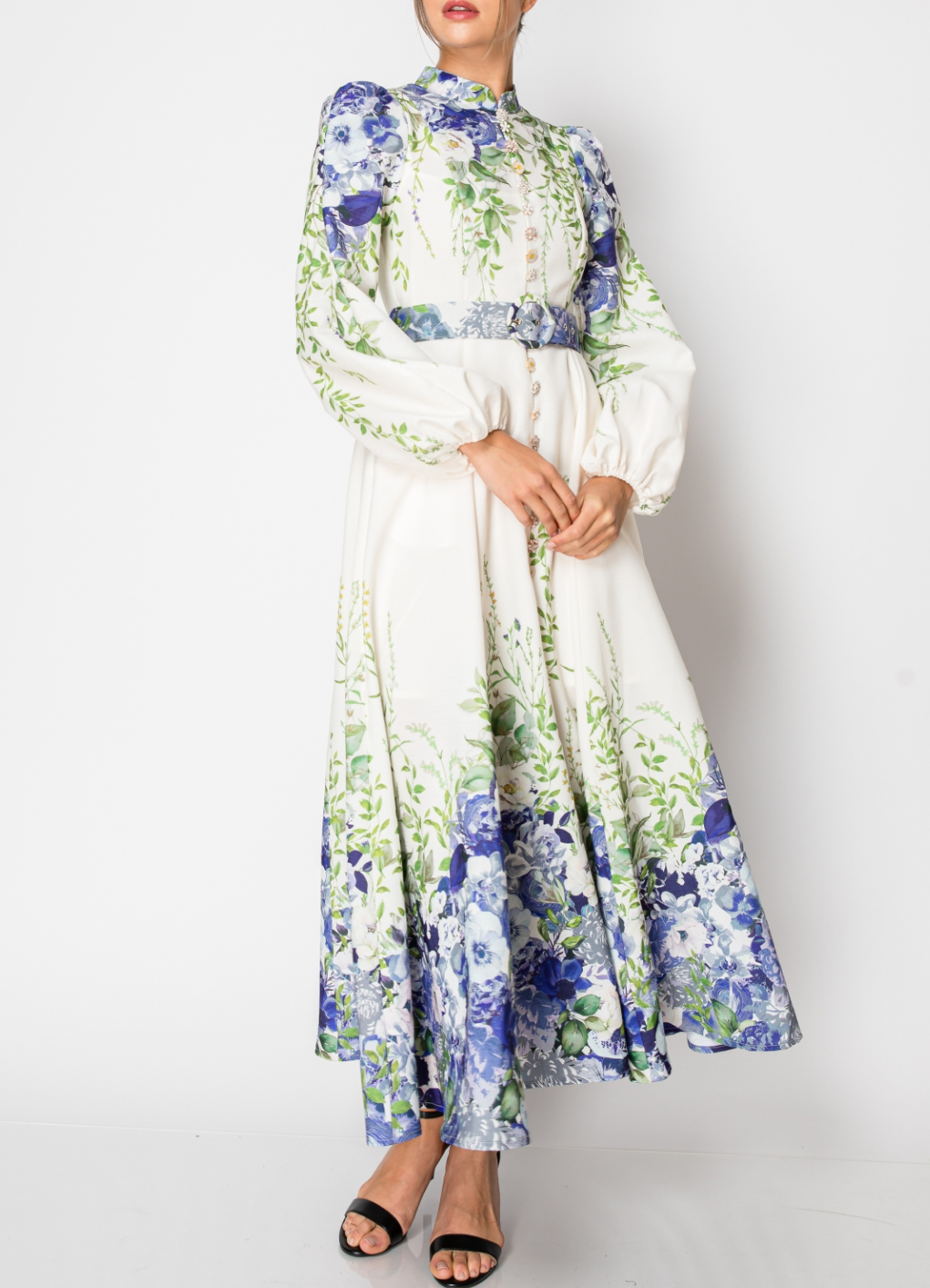 Long Puff Sleeve Floral Print Maxi Dress