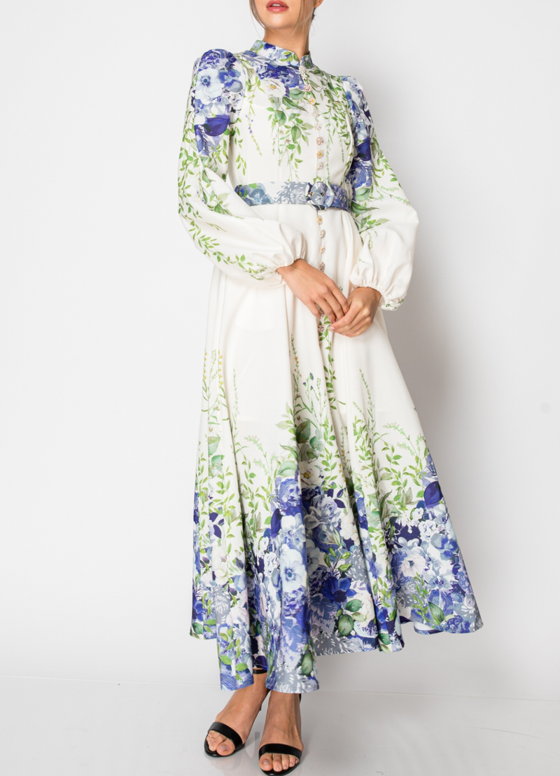Long Puff Sleeve Floral Print Maxi Dress