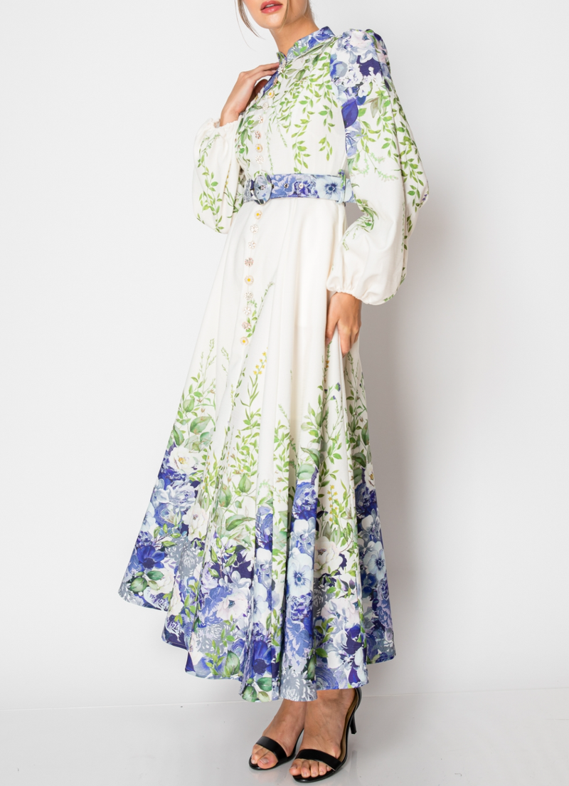 Long Puff Sleeve Floral Print Maxi Dress