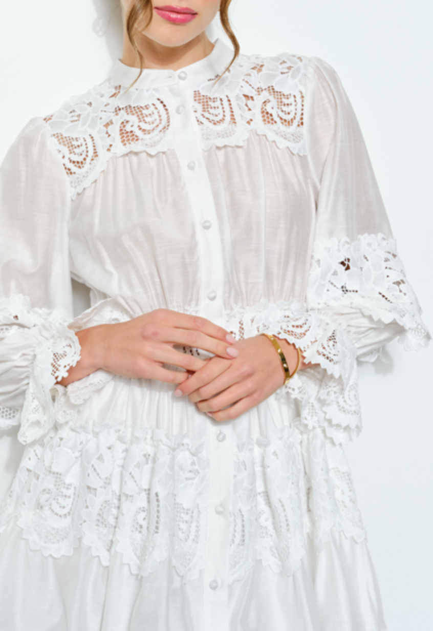 Delicate Lace-Panel Button-Up Flare Mini Dress