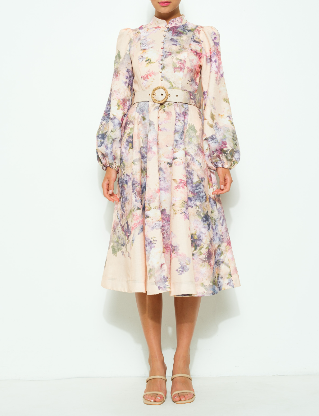Long Sleeves Floral Print Belted-Waist Midi Dress