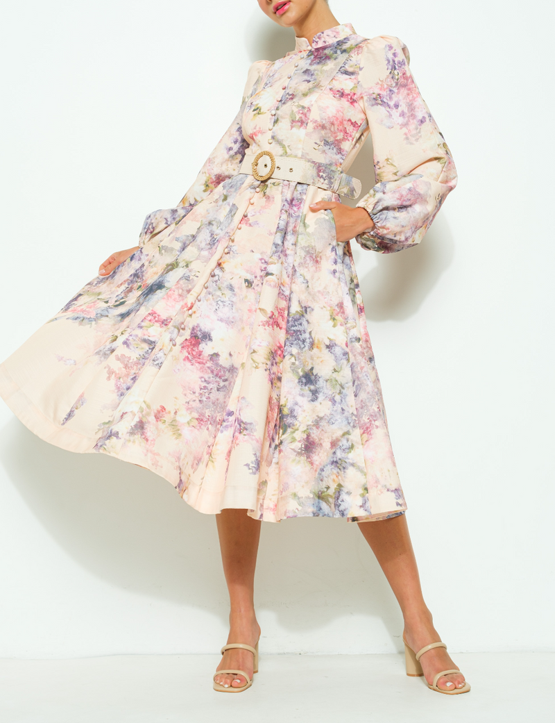 Long Sleeves Floral Print Belted-Waist Midi Dress