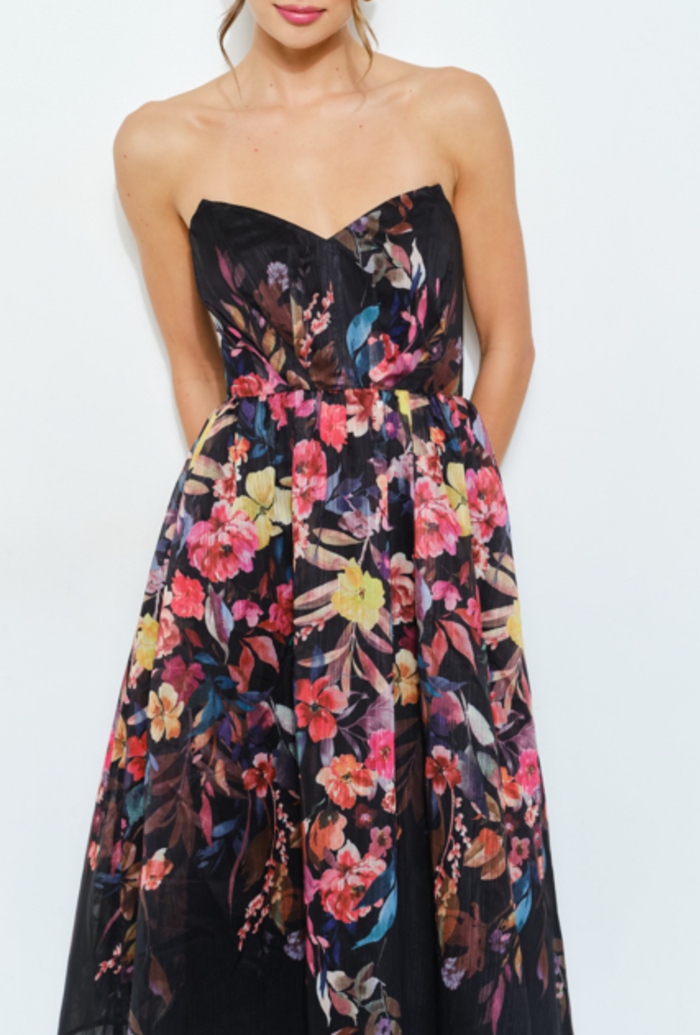 Sweetheart Strapless Floral Midi Dress