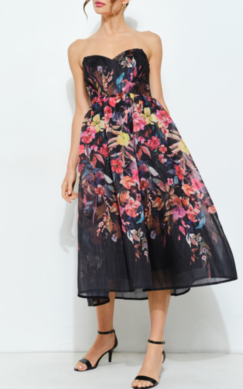 Sweetheart Strapless Floral Midi Dress