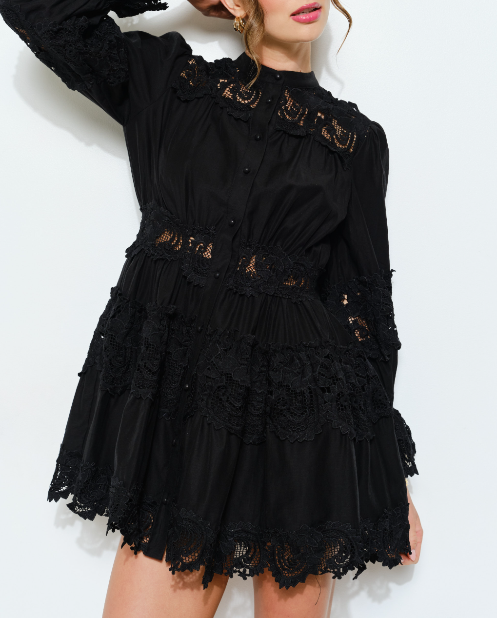 Delicate Lace-Panel Button-Up Flare Mini Dress