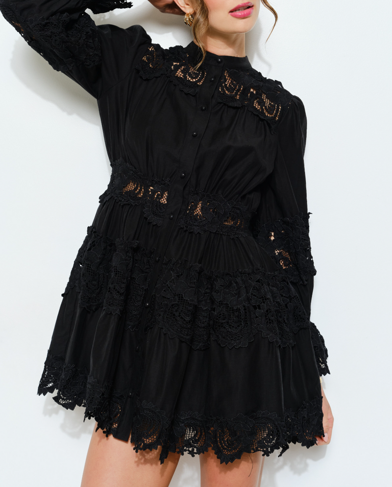 Delicate Lace-Panel Button-Up Flare Mini Dress