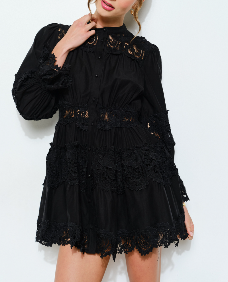Delicate Lace-Panel Button-Up Flare Mini Dress Medium / Black Delicate Lace-Panel Button-Up Flare Mini Dress Medium / Black