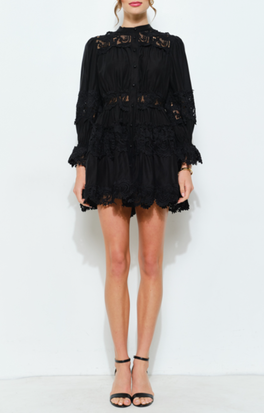 Delicate Lace-Panel Button-Up Flare Mini Dress