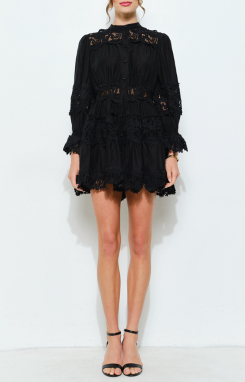 Delicate Lace-Panel Button-Up Flare Mini Dress