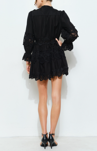 Delicate Lace-Panel Button-Up Flare Mini Dress
