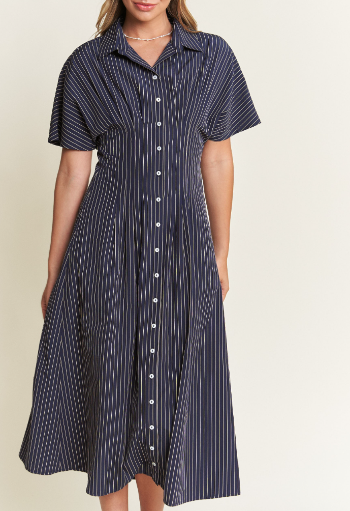 Button-Front Striped Midi Dress