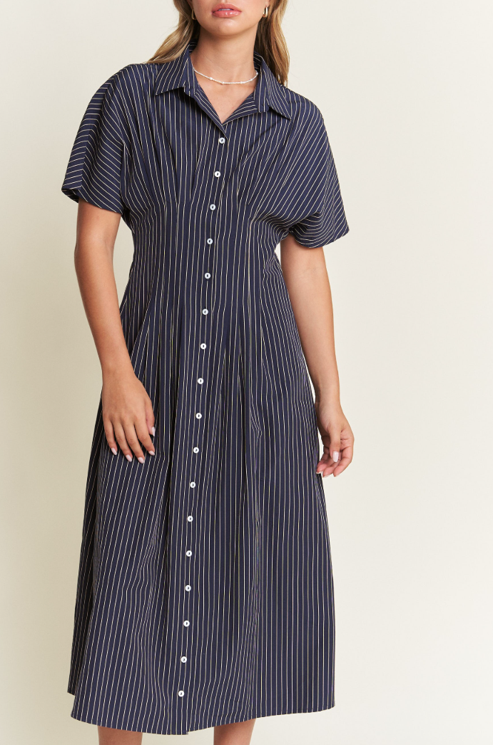 Button-Front Striped Midi Dress