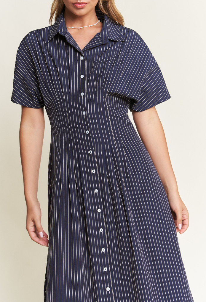Button-Front Striped Midi Dress