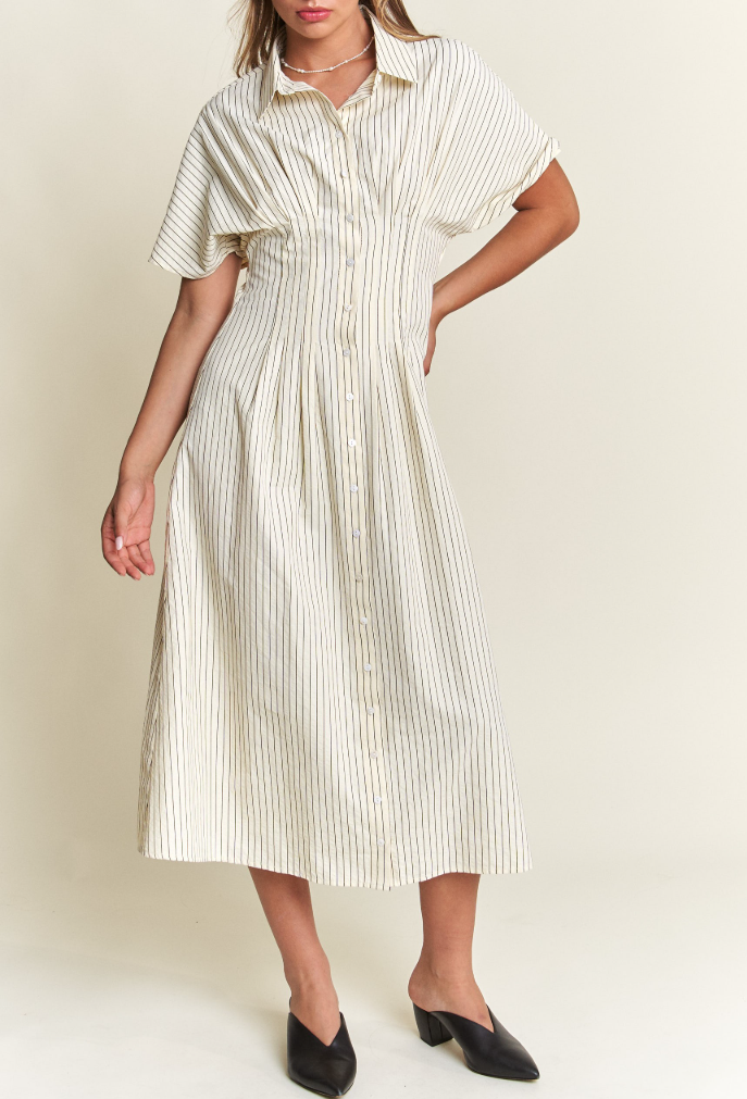 Button-Front Striped Midi Dress Small / Ivory Button-Front Striped Midi Dress Small / Ivory