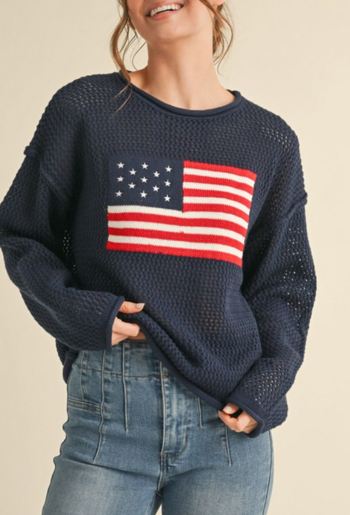 American Flag Print Crochet Knit Top with U-Neck Drop Shoulder