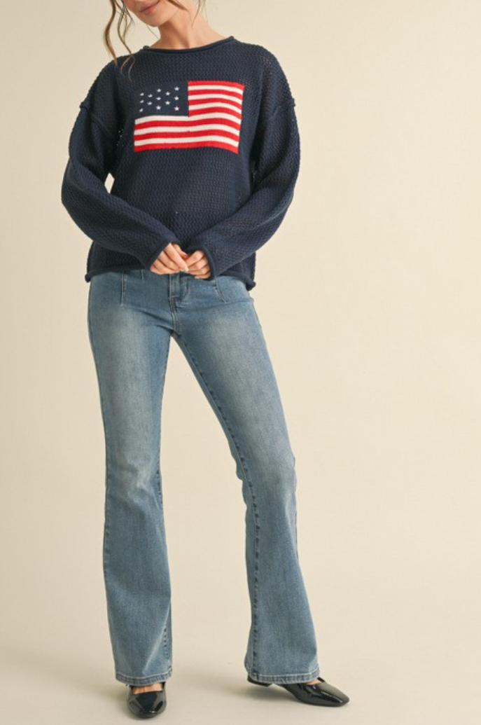 American Flag Print Crochet Knit Top with U-Neck Drop Shoulder