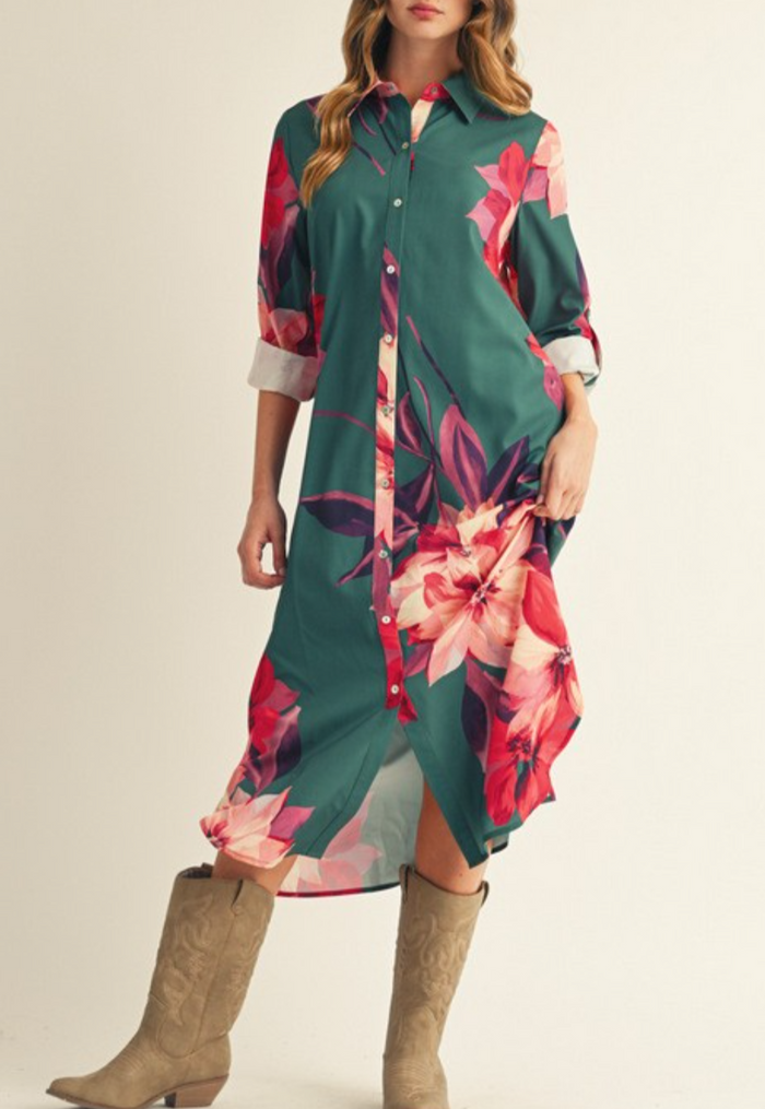 Long Sleeves Button Down Floral Midi Dress with Side Pockets Large / Hunter Green Long Sleeves Button Down Floral Midi Dress with Side Pockets Large / Hunter Green