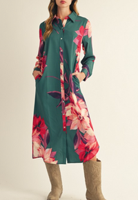 Long Sleeves Button Down Floral Midi Dress with Side Pockets