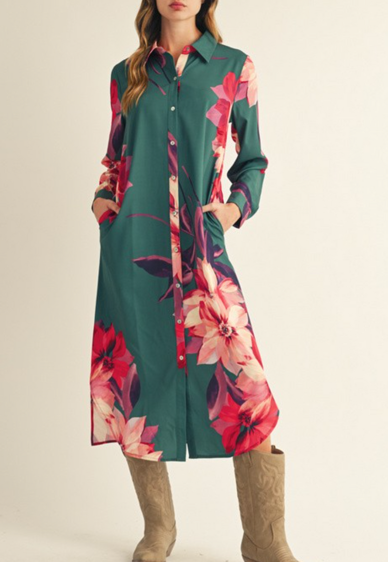 Long Sleeves Button Down Floral Midi Dress with Side Pockets