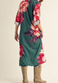 Long Sleeves Button Down Floral Midi Dress with Side Pockets