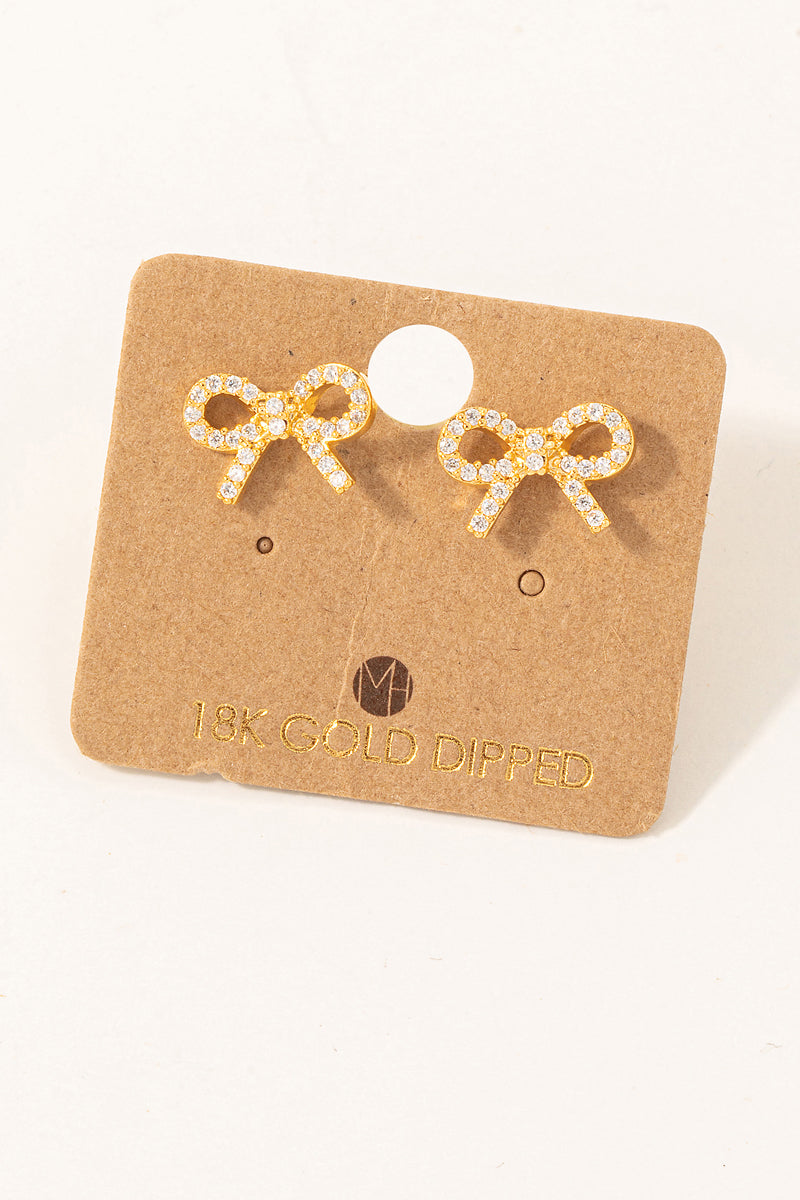 Gold Dipped Pave Ribbon Bow Stud Earrings