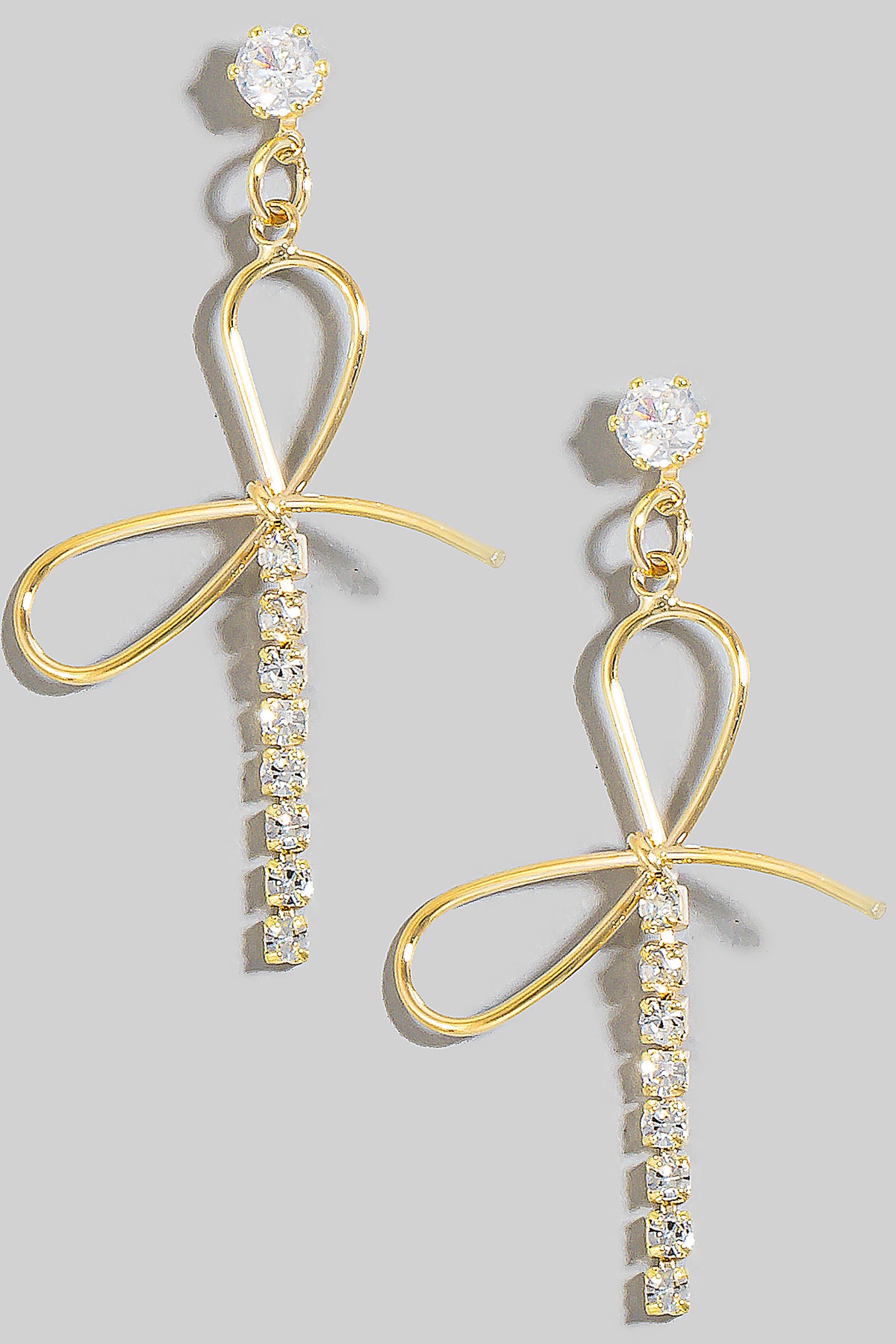 Ribbon Shape Rhinestone Gold Earrings