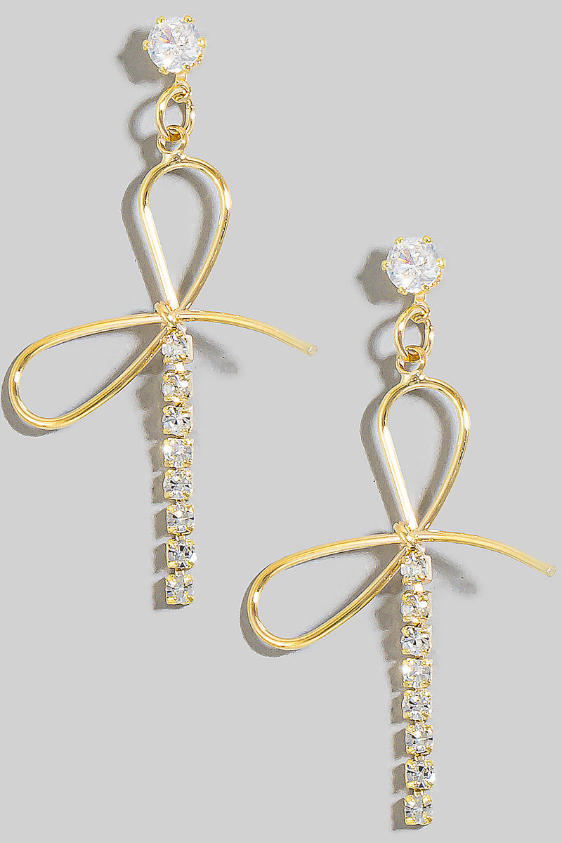 Ribbon Shape Rhinestone Gold Earrings
