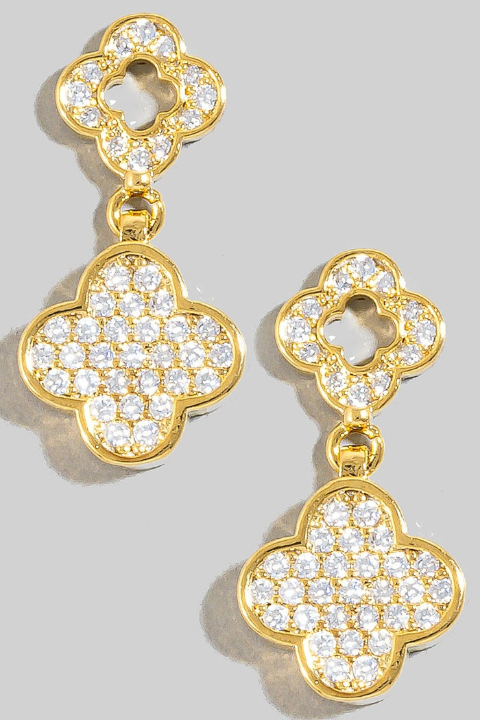 Double Pave Cz Clover Charm Dangle Earrings
