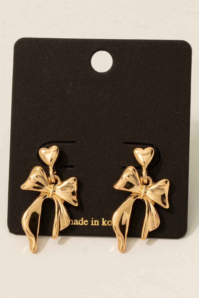 Metallic Bow And Heart Dangle Earrings
