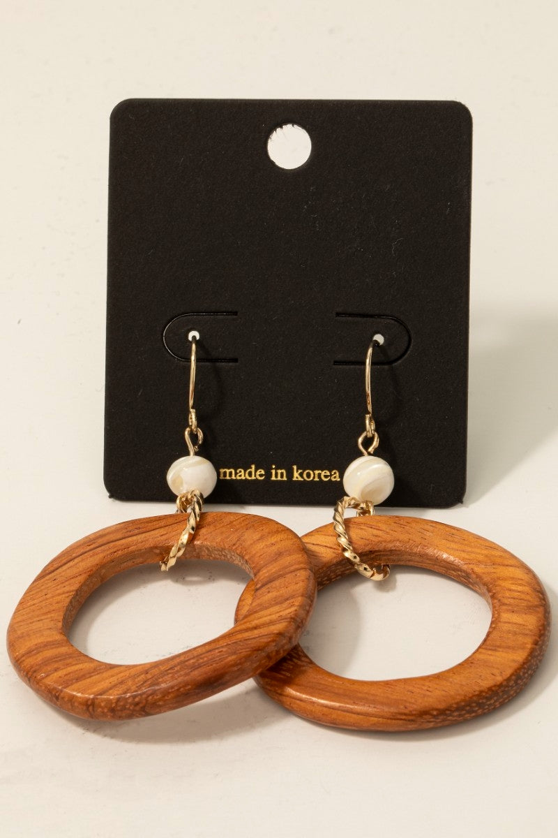 Wooden Hoop And Shell Bead Dangle Earrings
