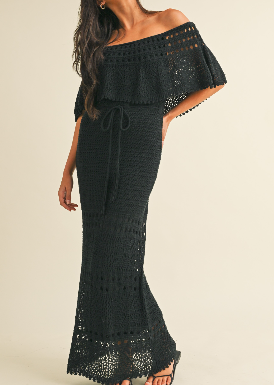 Knit Crochet Off-Shoulder Maxi Dress Azure & Lavender Knit Crochet Off-Shoulder Maxi Dress Azure & Lavender