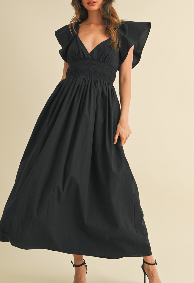Poplin Frill Sleeves Midi Dress with Low Back